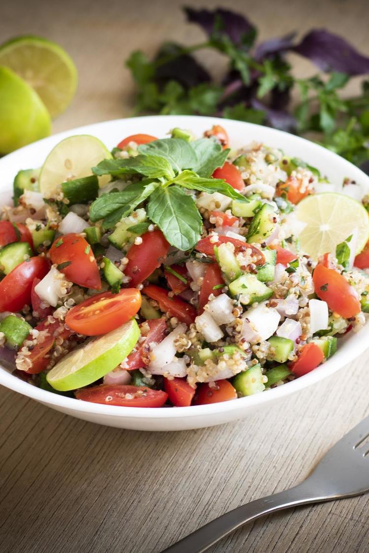 Quinoa Recipe - Quinoa Salad with Red Onions, Grape Tomatoes, Limes, and Cucumber