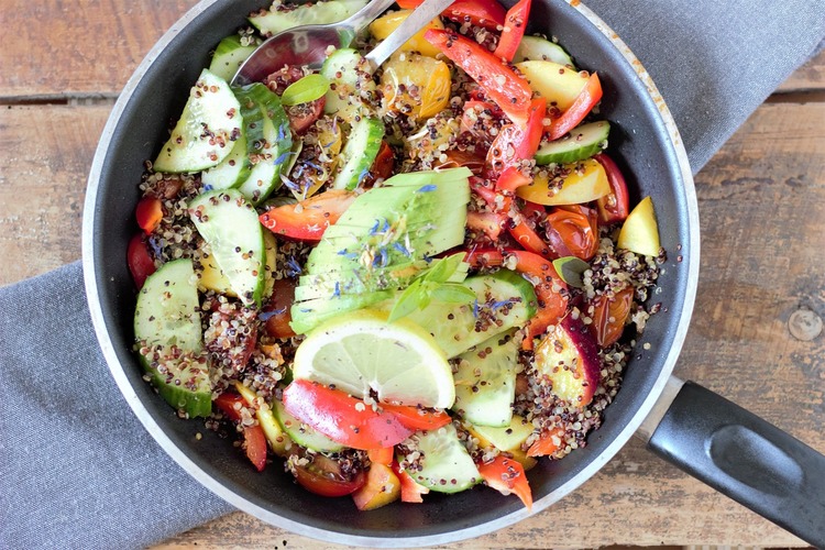 Quinoa Vegan Bowl with Cucumbers, Plums, Avocado, and Peppers