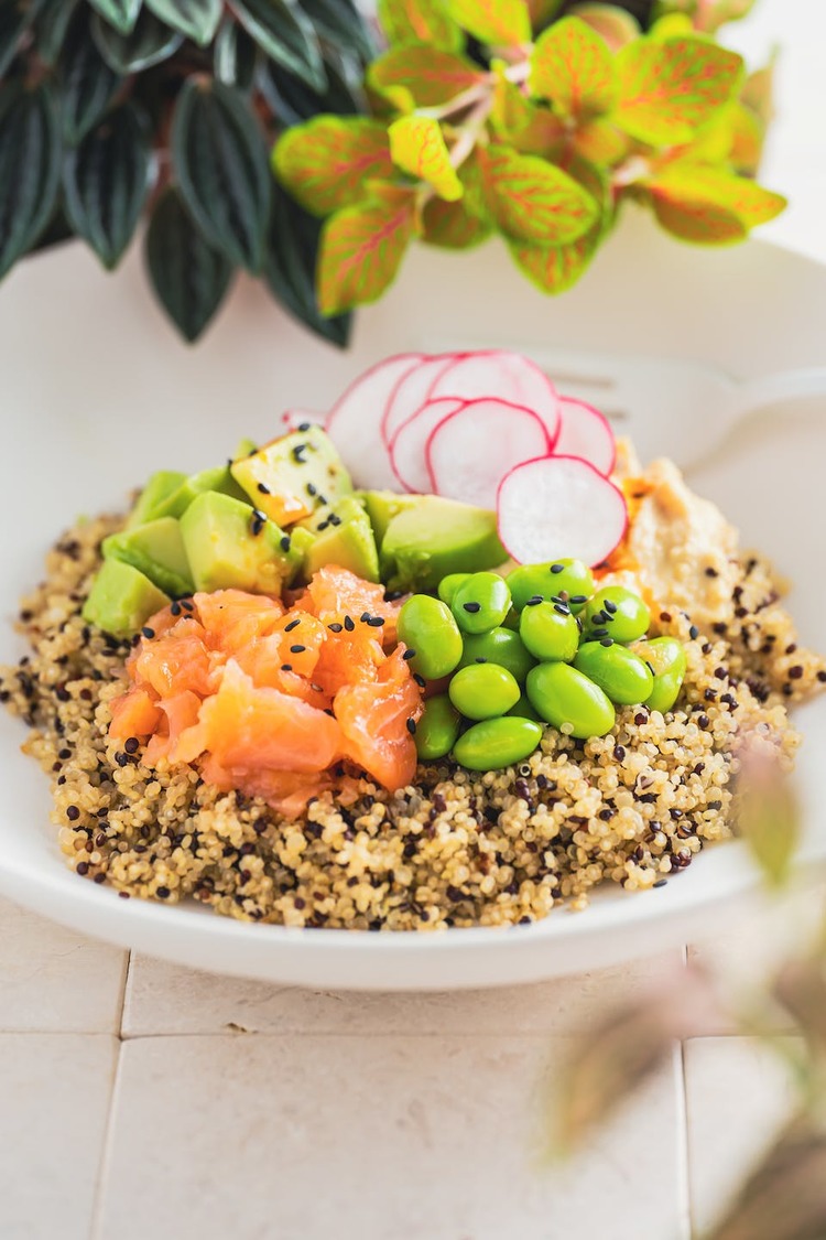 Quinoa Recipe - Quinoa Salmon Bowl with Avocado, Edamame and Radish